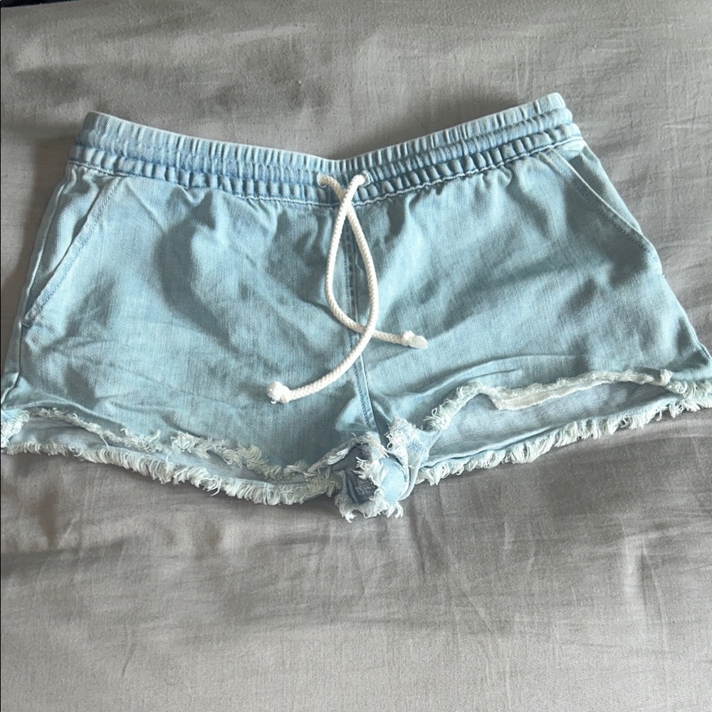 aerie Light Blue Frayed Hem Drawstring Bike Shorts